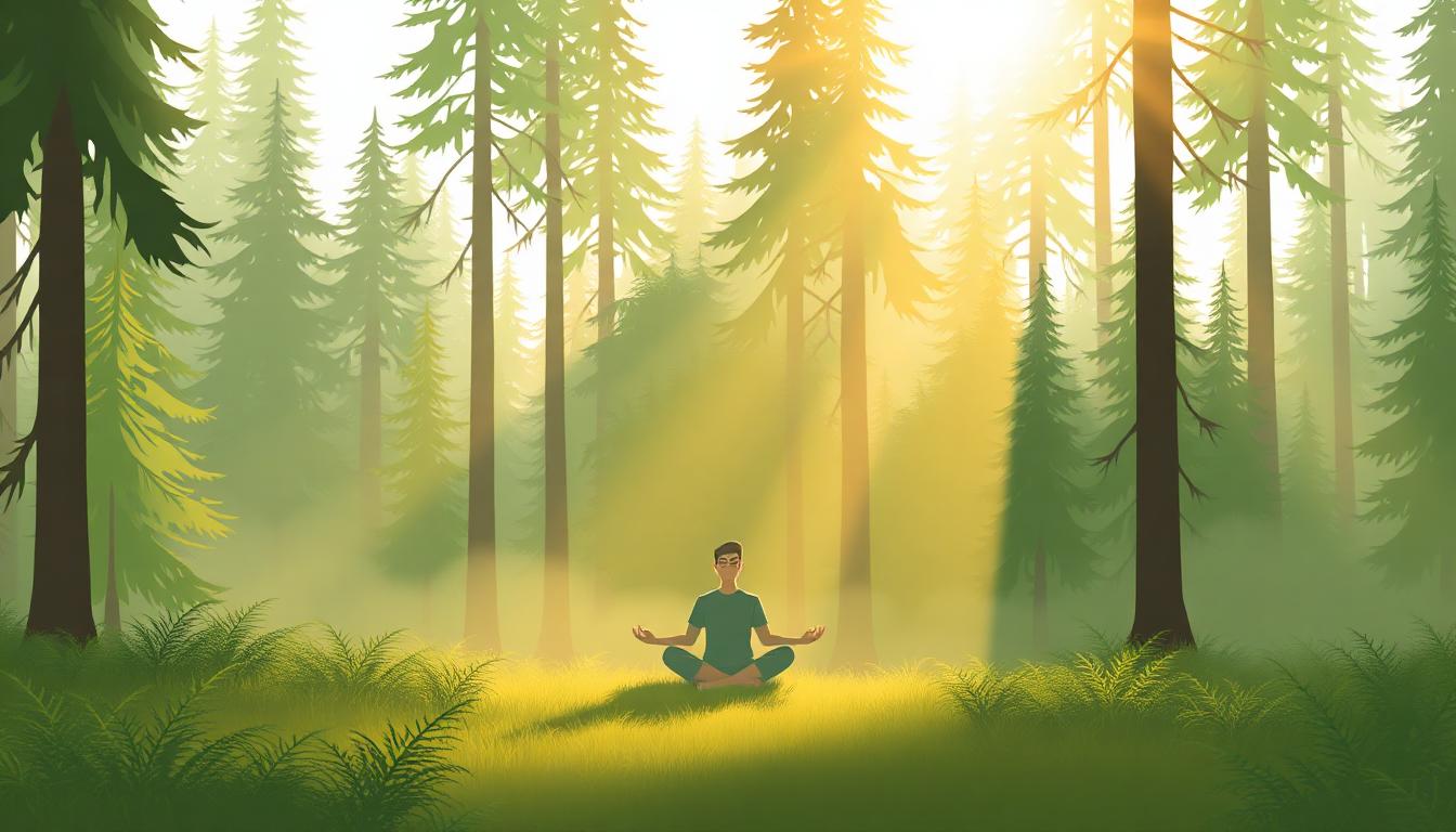 A person meditating peacefully in a sunlit forest clearing